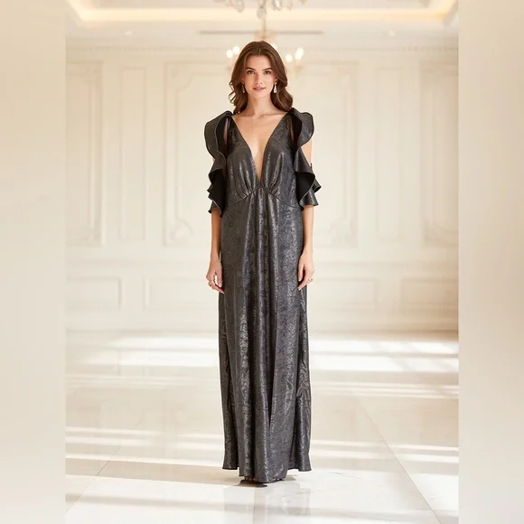 NWT Topshop Silver Metallic Ruffle Maxi Dress Glam Evening Party Size 14 - Picture 7 of 7